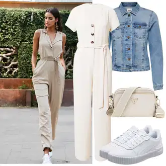 Šik Svatovski gost Outfit sa Krem/Bež/Bijela/Smeđa/Kaki Elegantni Kombinezon/Kombinezon s užetom/Svečani Kombinezon/Ljetni Kombinezon/Vjenčanje Kombinezon/Kombinezon širokih nogavica About You "Dopadljivi ljetni outfit"Look: Pomorski, 20-ih godina, Šik, Sveučilišna, Za Kuću
