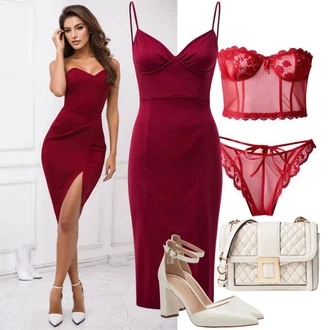 outfit mit Škrlatna/Črna/Vinsko rdeča Obleka do Sredine Meča/Obleka z dolgimi rokavi/Jesenska Obleka/Midi obleka/Dolga pletena obleka AX Paris "Rdeča poročna gostujoča obleka"