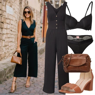 Outfit sa Crna/Tamnosiva/Siva Plisirani kombinezon/Kombinezon širokih nogavica/Ljetni kombinezon/Kombinezon s halterima/Elegantni kombinezon About You "Lijepi ljetni look"