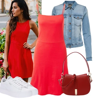 Outfit s Červená Žerzejové Šaty/Šaty na tenké ramínko/Šaty Bez Rukávů/Letní Šaty/Šaty S Rovným Střihem/Mullet šaty/Pletené Šaty/Šaty Na Ramínko/Midi Šaty Only "Stylové kombinace pro volný čas"
