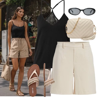 Chytrý příležitostný Outfit s Béžová/Khaki Košile Mušelínové Šortky/Šortky/Papírové Šortky/Vysoký pas Kraťasy/Bermuda/Chino Kraťasy Object "Módní letní vzhled"Look: Emo, Námořní, Kancelář, Safari, Chytrý příležitostný