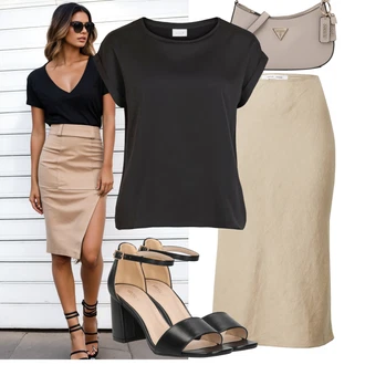 Vysoké Podpatky Outfit s Černá/Bílá/Hnědá Sandál Na Podpatku/Sandál s podpatkem/Sandál Na Širokém Podpatku/Přezková bota About You "Hezký letní vzhled"