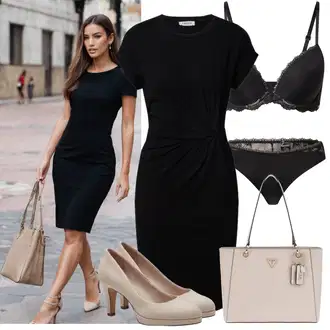 Ležerno, Šik Outfit sa Crna Haljina Veći Broj Edited "Moderni ljetni outfit"Look: Rap, Poslovni, Ured, 30-ih godina, Elegantan, Šik, Burleska, Rad, Preodjeven