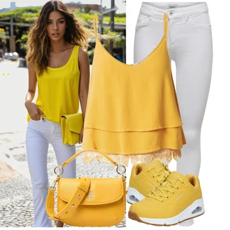 Výstřih na ramena Outfit s Žlutá/Hnědá Top Halenka Bez Rukávů/Top Na Party/Krátký Top/Top Se Špagetovými Ramínky About You "Hezký letní vzhled"