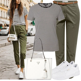 Outfit s Tmavě zelená/Khaki Boyfriend Kalhoty/Manšestrové Kalhoty/Twillová Kalhoty/Ležérní Kalhoty/Kalhoty se Štěrbinou JdY "Hezký letní vzhled"