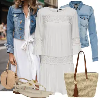 Folklor Outfit s Šedá/Bílá/Krémová Pouzdrové Šaty/Tunikové šaty/Pouzdrové Šaty S Dlouhým Rukávem/Boho Šaty Elegantní/Občanské šaty/Boho Letní Šaty/Šaty S Kosticí/Šaty s 3/4 Rukávem/Šaty na Konfirmaci/Francouzské šaty/Mušelínové šaty Only "Volnočasový Outfit"