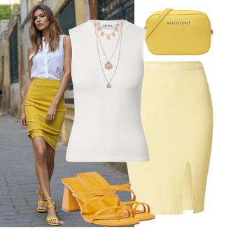 Outfit s Žlutá Bota Sandál Na Podpatku/Pantofel/Sandál Na Širokém Podpatku/Sandál s podpatkem/Letní Bota/Dřevák Pull&Bear "Módní letní vzhled"