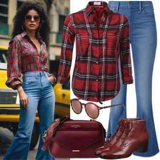 Outfit s Červená/Tmavě červená Flanelová košile/Károvaná Košile Nasty Gal "Široké džíny v 90. letech vzhledu"