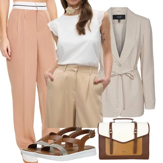 outfit mit Bela/Khaki/Rjava/Bež/Krem Pletena majica/Pleteni vrh/Majica z ovratnikom/Mrežasta majica/Ovitek za majico/Grafična majica/Moški čevlji VERO MODA "Sodobni Pomladni putfit"