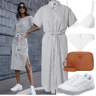 Nadrozměrné Outfit s Šedá/Světle šedá Košilové šaty/Halenkové Šaty/Šaty s Páskem VERO MODA "Hezký letní vzhled"Look: Rad, Emo, Námořní, Mom, Příliš oblečený, Nadrozměrné, Univerzitní