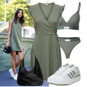 Výstřih na ramena Outfit s Tmavě zelená/Zelená Žerzejové Šaty/Zavinovací Šaty JdY "Módní letní vzhled"