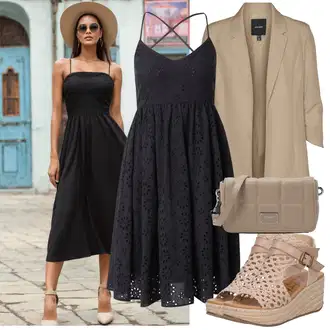 Ke kolenům Outfit s Tmavě modrá/Černá Letní Šaty/Šaty Na Ramínko/Krajkové Šaty/Šaty s výstřihem/Šaty na tenké ramínko/Skater šaty/Midi Šaty/Šaty Do Áčka JdY "Vkusný letní outfit"