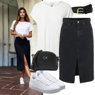 Outfit sa Crna/Tamnoplava Traper Suknja/Vintage traper Suknja Object "Moderni ljetni outfit"