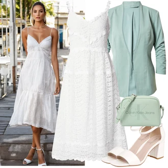 Vysoké Podpatky Outfit s Bílá/Krémová/Červená/Hnědá Bota Sandál s podpatkem/Sandál Na Širokém Podpatku About You "Vkusný letní outfit"