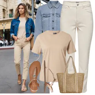 Outfit sa Smeđa/Bež/Kaki Termo Traperice/Traperice s Prorezom/Sužene Traperice/Ženske Traperice 7/8 Dužine/Skraćene Traperice/Kožna Jakna/Mom Jean/Capri Traperice/Čizma do Gležnja/High Waist Traperice/Kožne Cipele/Traperice Standardnog Kroja/Traperice Slim Kroja Only "Lijepi ljetni look"