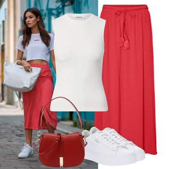 Festival Outfit s Červená/Tmavě červená/Růžová Dlouhá Sukně/Maxi Sukně/Slavnostní Maxi Sukně/Vintage Sukně maxi VERO MODA "Hezký letní vzhled"Look: Bar, 40. narozeniny, 60. narozeniny, Den na pláži, Koncert, Chatky, Festival, Výročí, Den matek, Zvláštní příležitosti, Valentýn, Matriční úřad, Narozeniny, 30. narozeniny