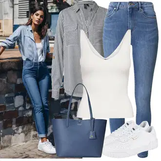 Outfit s Tmavě šedá/Tmavě modrá/Žlutá/Šedá/Modrá Blůza s nášivkou na lokti/Károvaná Halenka/Blůza s knoflíčkem/Halenka s Dlouhým Rukávem/Crash blůza VERO MODA "Letní oblečení"