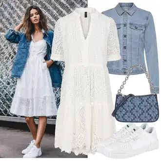 Mom Pričest Outfit sa Krem/Bijela Haljina Veći Broj/Tunika yas "Dopadljivi ljetni outfit"Look: Etno, Boho, Mom, Rap, Preodjeven, Hippie, Brvnare, dan na plaži, Majčin dan, Pričest, Koncer, Krštenje