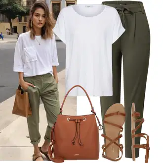 Outfit sa Smeđa/Bež Gladijator sandala/Rimska sandala/balerinka s Remenima/Sandala s Remenčićem About You "Lagana odjeća"