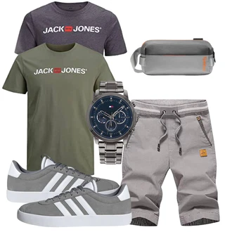 Outfit mit Grau/Khaki/Hellgrau/Dunkelgrau Chino Shorts/Kurze Hose/Baggy Short/Musselin Shorts/Bermuda/Capri/Cargo Short/Leinen-short/Sweatshorts JustSun "Sport Outfit"