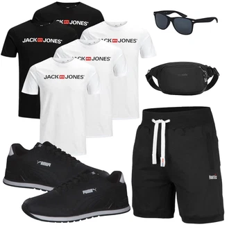 Outfit mit Schwarz/Beige Sweatshorts/Baggy Short/Musselin Shorts/Kurze Hose Mount Swiss "Sport Outfit"