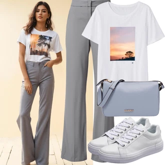 Inspirace pro outfity Old Money s Šedá/Světle šedá Plisovaná kalhoty/Kalhoty s nášivkou uprostřed/Marlene Kalhoty/Plisovaná Kalhoty/Široká Kalhoty/Kalhoty s Vysokým Pasem/Palazzo Kalhoty millane "Sportovní styl z 90. let"Look: Pro Dům, Kancelář, Old Money, Venkovní, Univerzitní