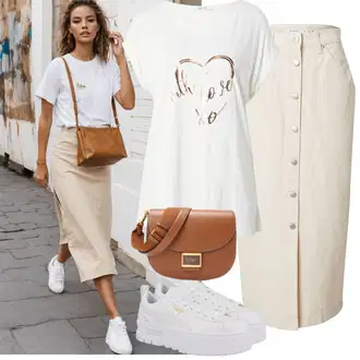 Outfit s Bílá/Béžová/Khaki Vázací Sukně/Zimní Sukně/Křesťanská Sukně/Sukně do Délky Lýtka/Midi Sukně/50tého Léta Sukně/Vlněná Sukně/Italská Sukně/90tá Léta Sukně/Moderní Sukně/Tužková sukně B.young "Volnočasový Outfit"