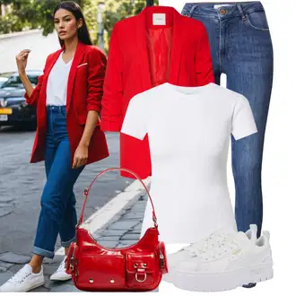 Outfit sa Plava/Tamnoplava/Svjetloplava Kožna Jakna/Kožne Cipele/Zimska jakna/Push-up Traperice/Traperice s Prorezom/Ženske Traperice 7/8 Dužine/High Waist Traperice/Slip-on Traperice Vila "Lijepi ljetni look"