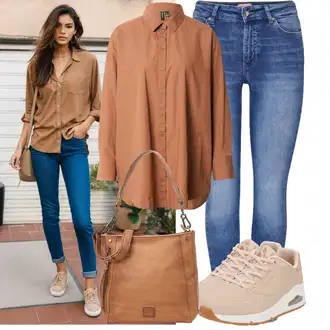Bianca Outfit sa Narandžasta/Smeđa/Bež Duga Bluza/Oversize Bluza/Bluza s gumbom/Bluza s Podignutim Ovratnikom/Tunika Majica VERO MODA "Lijepi ljetni look"