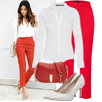 Outfity pro práci s Tmavě červená/Červená/Růžová Bengaline Kalhoty/Kalhoty Bootcut/Business Kalhoty/Ležérní Kalhoty/Chinos/Obleková Kalhoty/Kalhoty s Vysokým Pasem/Žerzejová Kalhoty/Mušelínové kalhoty/Kalhoty se Štěrbinou/Rovná Kalhoty More & More "Lehký Outfit"