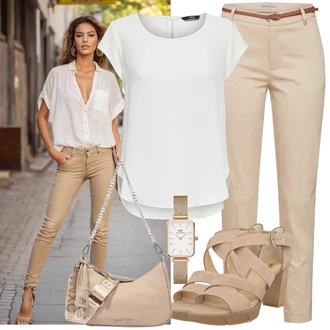 Vysoké Podpatky Outfit s Béžová/Hnědá/Khaki Sandál Na Podpatku/Sandál Na Širokém Podpatku/Páskový Sandál/Sandál s podpatkem/Letní Bota/Přezková bota Paul Green "Módní letní vzhled"