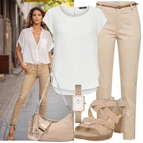 Kombinace Béžová/Khaki Kalhoty s Vysokým Pasem/Skinny Kalhoty/Obleková Kalhoty/Business Kalhoty/Twillová Kalhoty/Úzká Kalhoty/Ležérní Kalhoty/Kalhoty se Štěrbinou B.young kombinovat s Bílá/Krémová/Šedá Tunika/Tričko & Top Móda Pro Plnoštíhlé/Halenka Móda Pro Plnoštíhlou Only