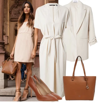 Outfit sa Bež/Bijela/Kaki/Smeđa Haljina za vjenčanje/Haljina s Pojasom/Košulja haljina VERO MODA "Praktičan look"