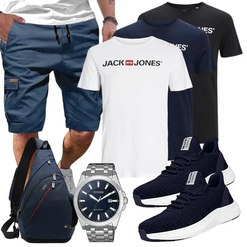 Boyfriend Blau/Dunkelblau Hemd Cargo Short JMIERR kombinierenLook: Boyfriend, Sportlich, Goa, Outdoor, Hip Hop, Coole, 90er