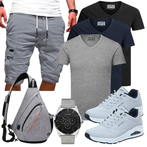 Grau/Hellgrau/Dunkelgrau/Khaki Hemd Baggy Short/Cargo Short/Kurze Hose/Bermuda/Musselin Shorts EMATOP kombinieren