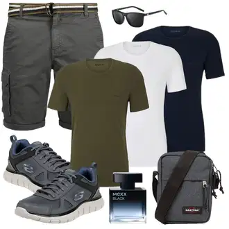 Old Money Outfit mit Khaki/Dunkelgrün/Dunkelgrau Cargo Short/Bermuda/Kurze Hose/Musselin Shorts/Chino Shorts b BLEND "Summer Outfit"Look: Casual, Moderne, Rad, Metal, Workwear, Coole, Smart Casual, Outdoor, Old Money