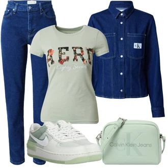 Kombinacije za ljeto sa Svjetloplava/Tamnoplava/Plava Mom Jean/Zimska jakna/Push-up Traperice/Sužene Traperice/Termo Traperice/High Waist Traperice/Traperice Slim Kroja Calvin Klein Jeans "Outfit za odmor"