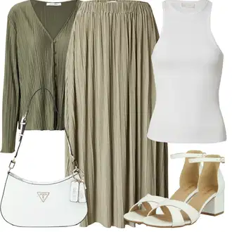 za srednje godine Outfit sa Kaki/Smeđa/Tamnozelena Suknja do Potkoljenice/Duga suknja/Maksi suknja/Vintage maxi suknja/Suknja Za Svatove Vjenčanje Samsøe Samsøe "Outfit za odmor"Look: Rap, Boho, Elegantan, za srednje godine, Old Money, Retro