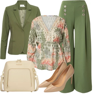 Djeveruša Outfit sa Tamnozelena/Kaki/Zeleno Hlače Marlene Hlača/Palazzo Hlača/Široka Hlača/Culotte Hlačice/Hlače s Prorezom/Hlače Visokog Struka/Lepršave Hlača ZABAIONE "Outfit za odmor"