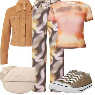 Trčanje Outfit sa Žuta/Narandžasta/Smeđa/Pink Majica s mrežicom/Funkcionalna majica/Otmjena majica/Skraćena Majica/Print majica/pletena košulja/Majica kratkih rukava/Kratki top/Zamotana Majica/Majica s printom/Majica za plažu/Top za plažu Edited "Outfit za odmor"Look: Trčanje, Razonoda, Raditi