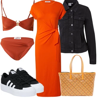 Outfit s Oranžová/Červená Šaty v Délce do Lýtka/Žerzejové Šaty/Dlouhé pletené šaty/Dlouhé Letní Šaty/Maxi Šaty/Šaty S Rovným Střihem/Tričkové šaty/Zavinovací Šaty Edited "Letní vzhled pro módní ženy"