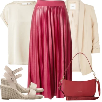 Elegantní Outfit s Červená/Růžová 80tého Léta Sukně/Sukně do Délky Lýtka/Křesťanská Sukně/Slavnostní Maxi Sukně/Italská Sukně/Dlouhá Sukně/Maxi sukně/Midi Sukně/Plisovaná sukně/Vintage sukně maxi/Sukně Pro Svatebního Hosta Vila "Letní vzhled pro módní ženy"Look: Elegantní, Italský, Krásný, Old Money, Romantický, Klasické, 60. Let, Retro