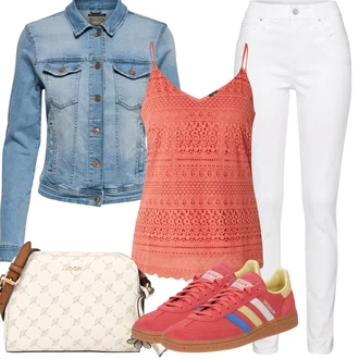 Tenis Outfit s Oranžová/Červená/Růžová Pletený top/Krajkový Top/Halenka Bez Rukávů/Pánské boty/Tílko VERO MODA "Letní vzhled pro módní ženy"Look: Tenis, Tanec