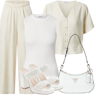 Outfit sa Bež/Kaki/Bijela Musseline Bluz/Len Blúza/Carmen Bluza/Bluza s gumbom/Bluza Kratkih Rukava/Otvorena Bluza Edited "Outfit za odmor"
