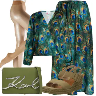 Outfit sa Zeleno/Šareno Svilena Bluza/Bluza Vrh/Izvanredna Bluza/Razigrana Bluza/Otvorena Bluza/Bluza s Uzorkom/Svečana Bluza/Bluza od Satena/Bluza s Printom Izia "Outfit za odmor"