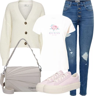 Vintage Outfit s Modrá/Světle modrá/Tmavě modrá Kožená bunda/Džíny s Dírou/Kožené bundy/High Waist Džínové Kalhoty/Džíny s Rozparkem/Push up Džín Only "Letní vzhled pro módní ženy"Look: Styl, 90tá léta, Ležérní, Cool, Krásný, Old Money, Vintage