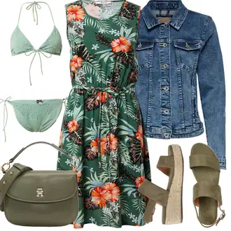 Outfit s Zelená/Světle zelená/Modrá/Světle modrá/Tyrkysový Vintage Bikiny/Trojúhelníkové Bikiny/Bikin/Bikiny s průstřihem/Provázkové bikini/Kožené bundy pro muže/Women's Lingerie & Swimwear/Bikiny s volánky VERO MODA "Letní oblečení"