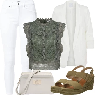 se suchým zipem Outfit s Béžová/Tmavě zelená/Khaki Korkový sandál na klínku/Bota Na Klínku/Espadrille sandál/Sandál na klínku/Letní Bota/Espadrilka s klínovým podpatkem Tom Tailor "Letní vzhled pro módní ženy"