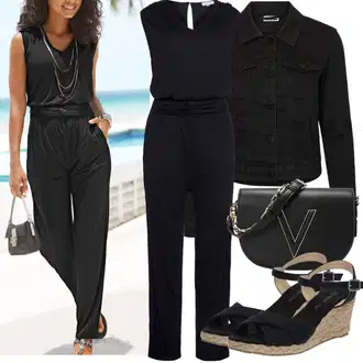 Outfit s Černá/Tmavě modrá Letní overall/Overal se zipem/Elegantní overal/Overal s půlkulatým výstřihem/Overal se širokými nohavicemi Buffalo "Letní vzhled pro módní ženy"