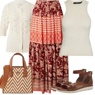 za srednje godine Outfit sa Crvena Suknja/Kratke hlače velike veličine/Haljina Veći Broj/Bluza i Tunika lollys laundry "Outfit za odmor"Look: za srednje godine, Etno, Western, Boho, Hippie